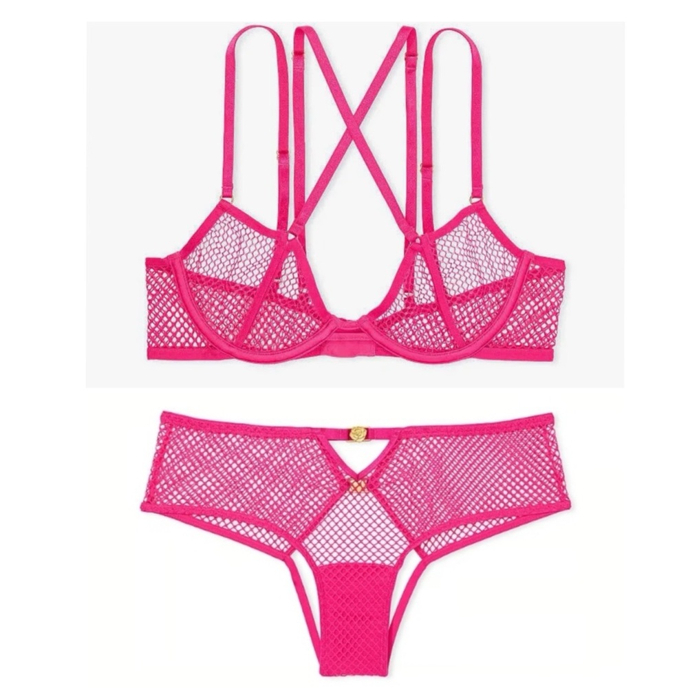 VS fishnet open cup peek a boo strappy bra & cheeky open back panty set hot pink